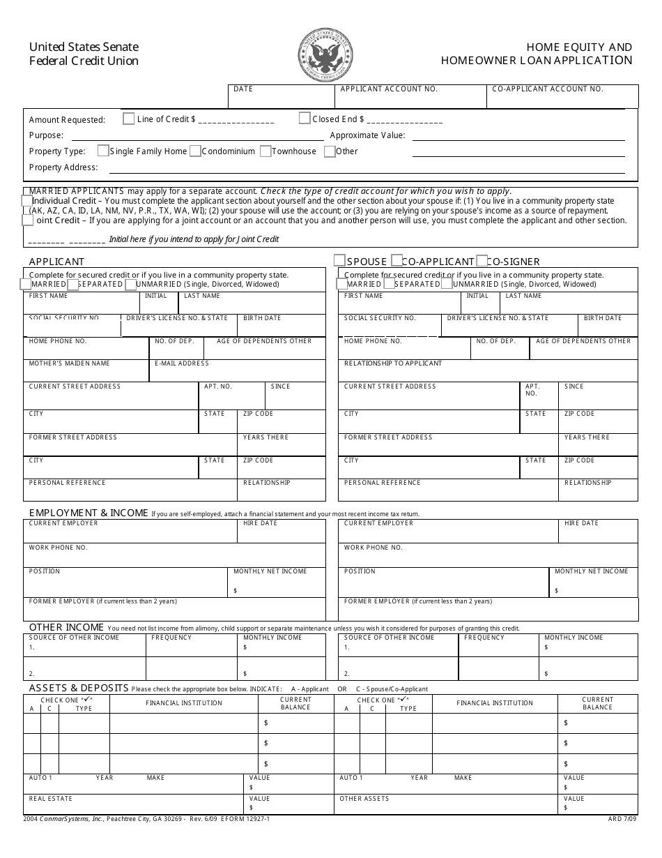 Form 12927-1 Home Equity and Homeowner Loan Application, Page 1