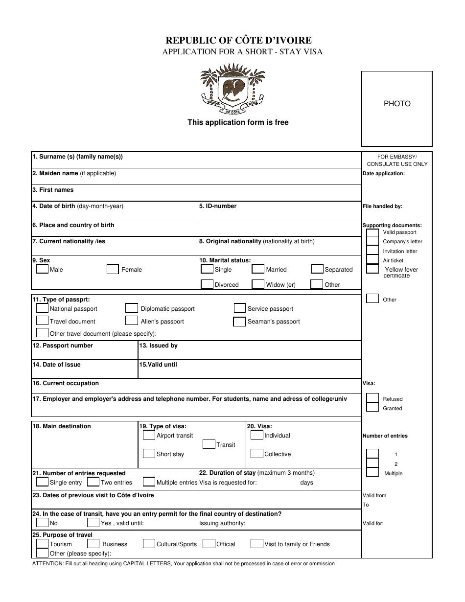 Cote Divoire Short-Stay Visa Application Form - India, Page 1