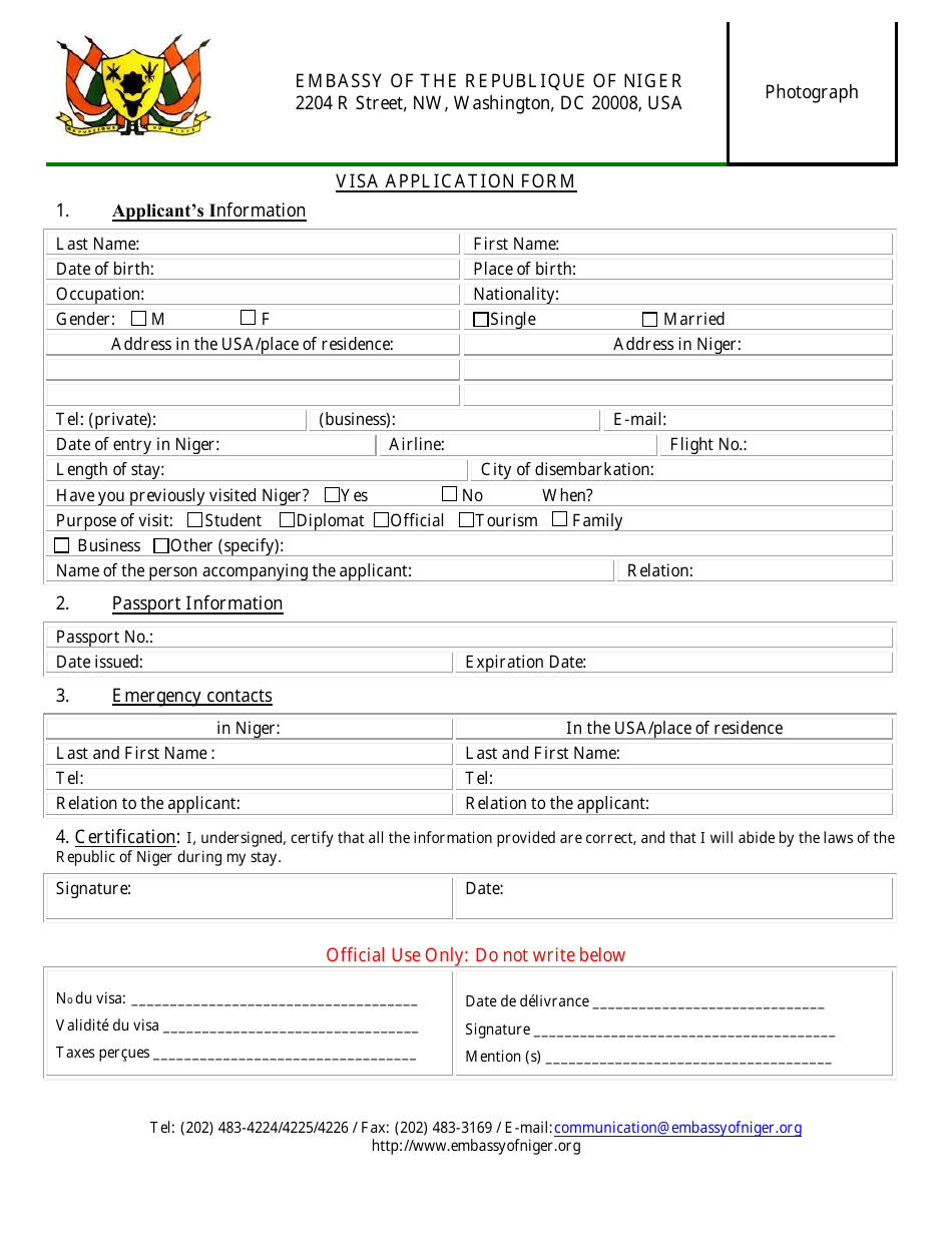 Washington, D.C. Nigerien Visa Application Form - Embassy of the