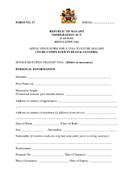 Document preview: Malawi Visa Application Form - Embassy of the Republic of Malawi - Tokyo, Japan
