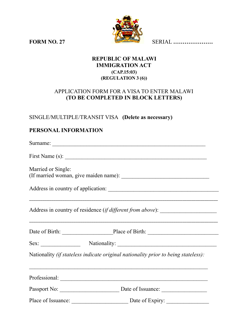 Malawi Visa Application Form - Embassy of the Republic of Malawi - Tokyo, Japan, Page 1