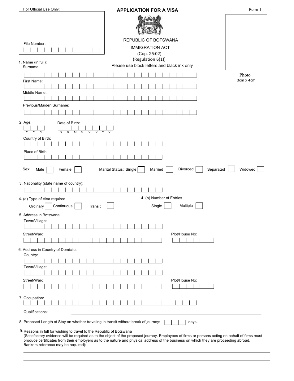 Form 1 Botswana Visa Application Form - Botswana, Page 1