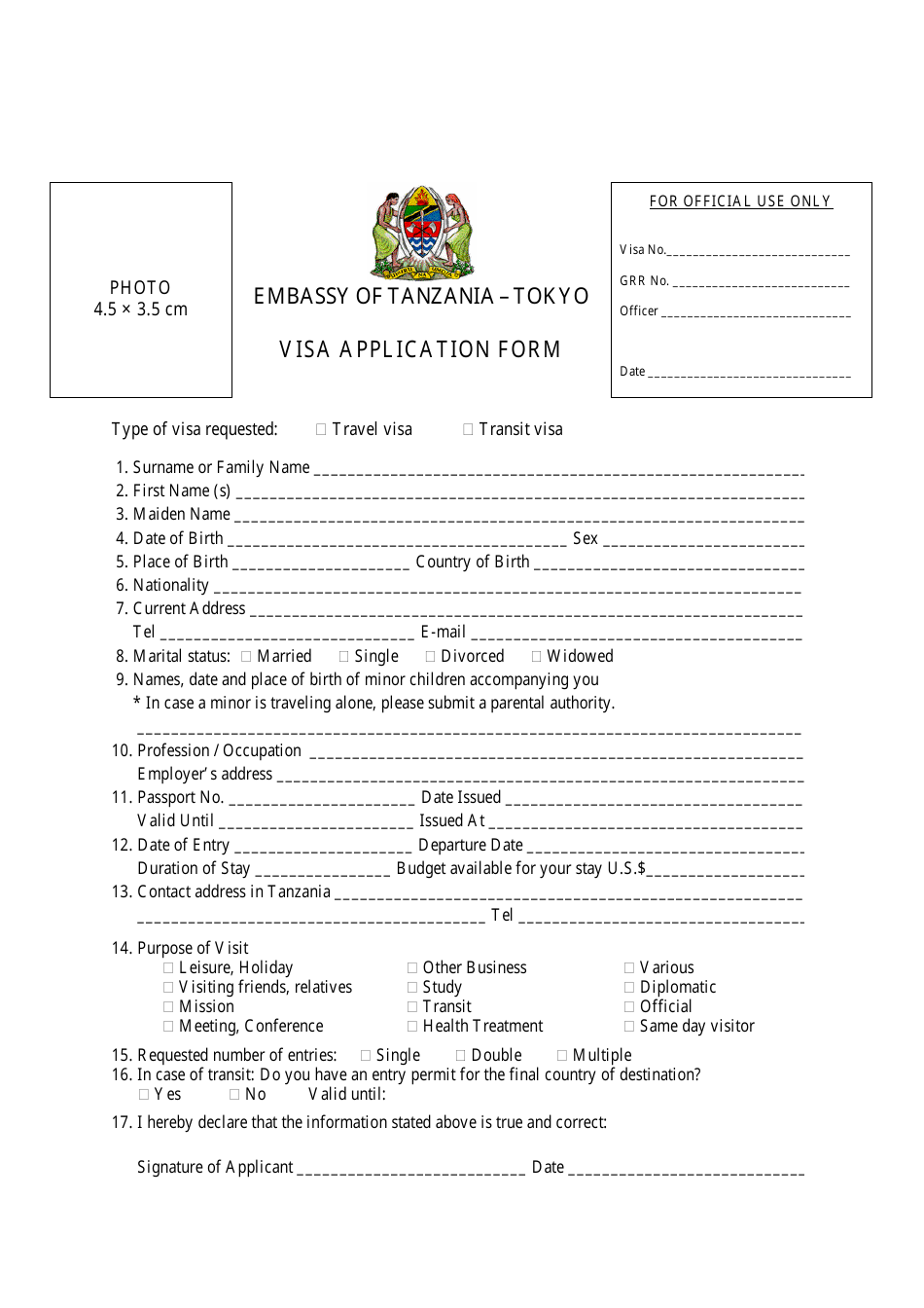Tanzania Visa Application Form - Embassy of Tanzania - Tokyo, Japan, Page 1