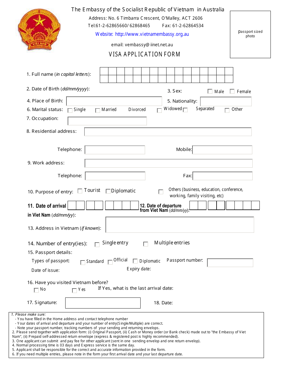 Vietnamese Visa Application Form - the Embassy of the Socialist Republic of Vietnam in Australia - Australian Capital Territory, Australia, Page 1