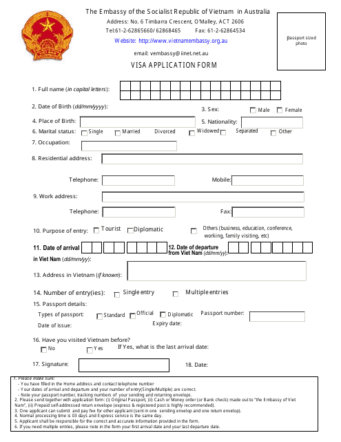 &quot;Vietnamese Visa Application Form - the Embassy of the Socialist Republic of Vietnam in Australia&quot; - Australian Capital Territory, Australia Download Pdf