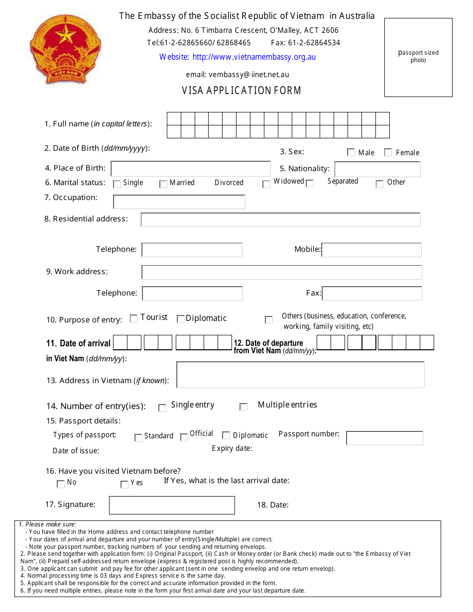 Australian Capital Territory Australia Vietnamese Visa Application Form The Embassy Of The