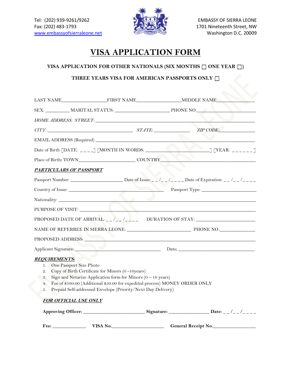 Washington D C Sierra Leone Visa Application Form Embassy Of Sierra Leone Fill Out Sign