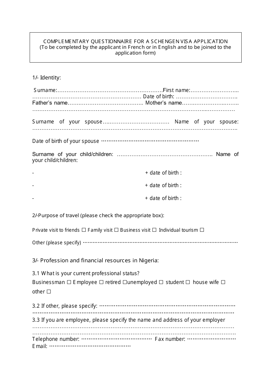 Complementary Questionnaire for a Schengen Visa Application - the Consulate General of France in Lagos - Lagos, Nigeria, Page 1