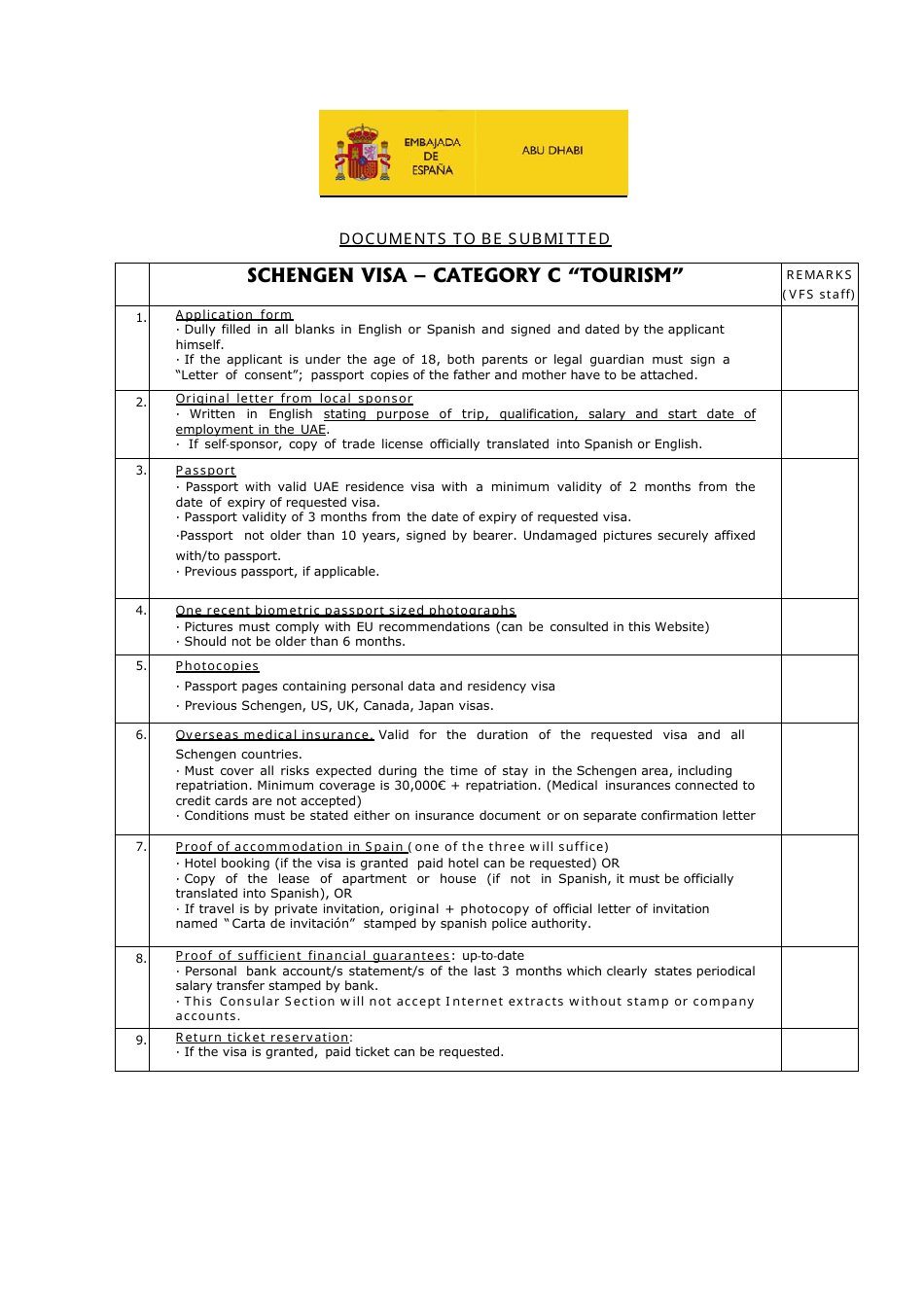 spain visit visa check list