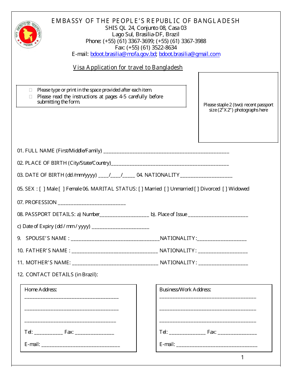 Bangladesh Travel Visa Application Form - Embassy of the Peoples Republic of Bangladesh - Brasilia, Federal District, Brazil, Page 1