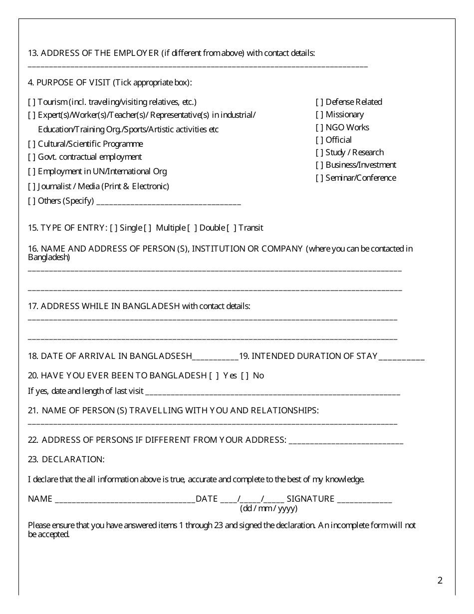 Bangladesh Travel Visa Application Form - Embassy of the Peoples Republic of Bangladesh - Brasilia, Federal District, Brazil, Page 2