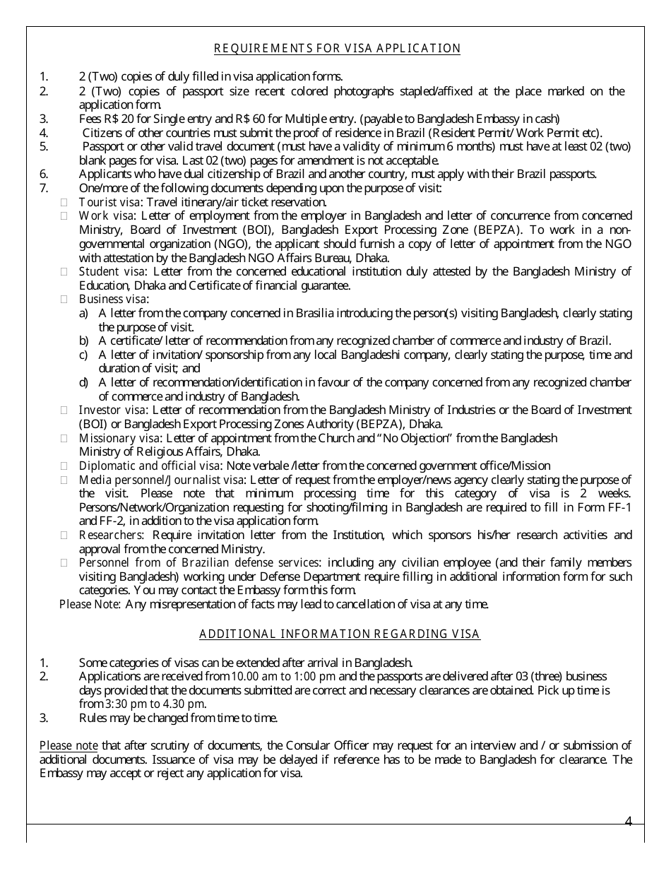 Bangladesh Travel Visa Application Form - Embassy of the Peoples Republic of Bangladesh - Brasilia, Federal District, Brazil, Page 4