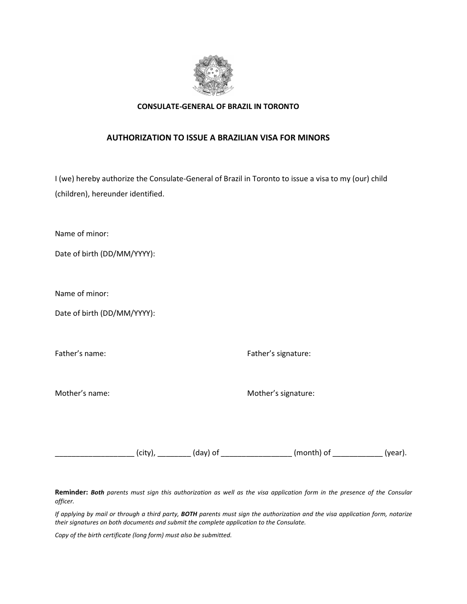Authorization to Issue a Brazilian Visa for Minors - Consulate-General of Brazil in Toronto - City of Toronto, Ontario, Canada, Page 1