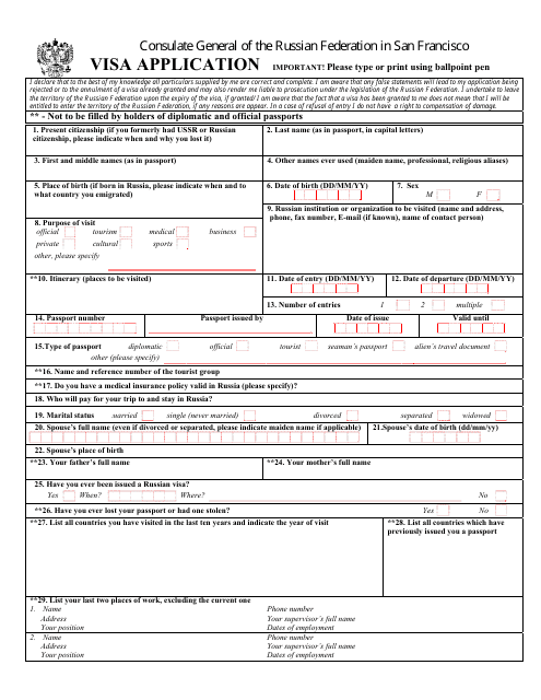 &quot;Russian Visa Application Form - Consulate General of the Russian Federation in San Francisco&quot; - City and County of San Francisco, California Download Pdf