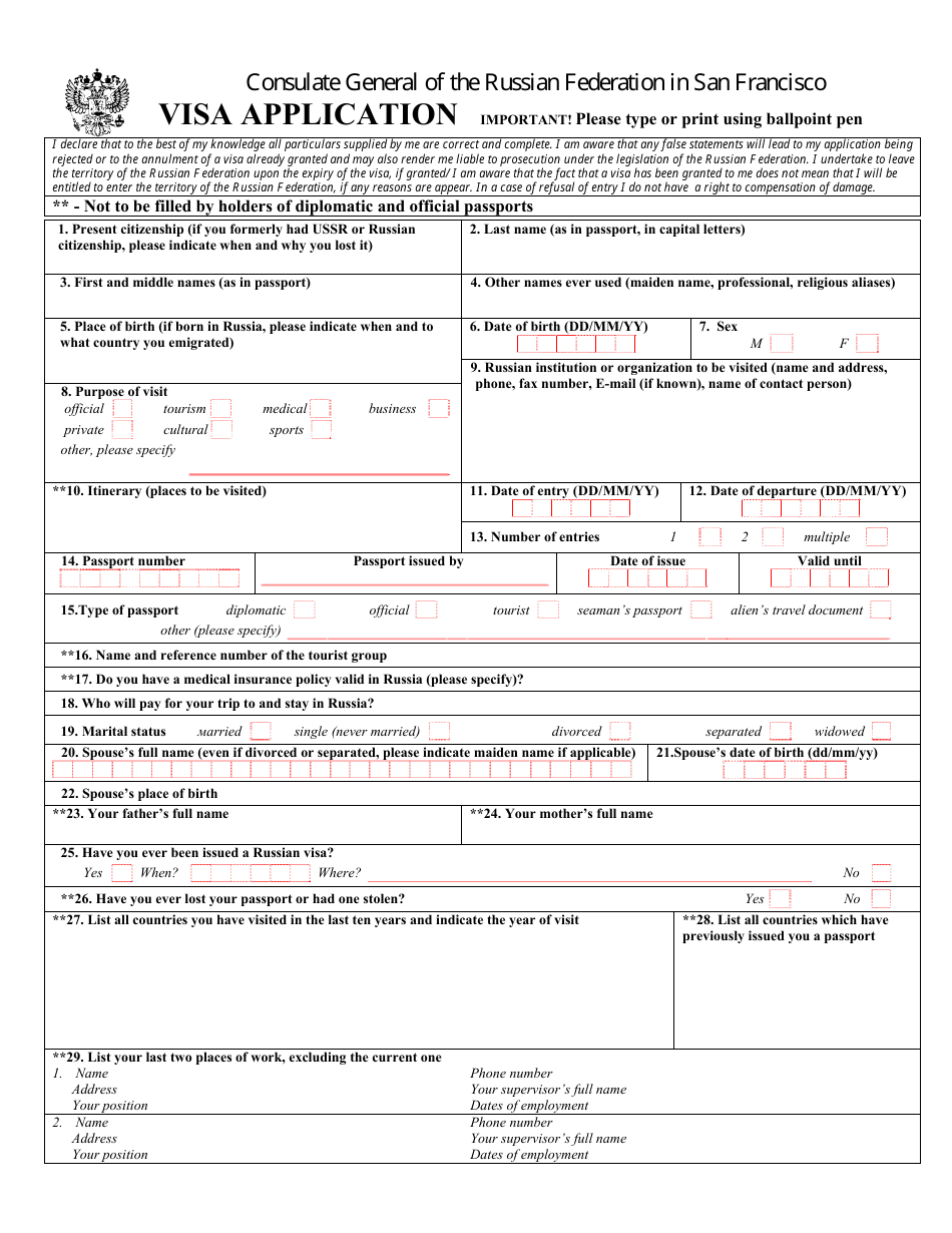 City And County Of San Francisco California Russian Visa Application Form Consulate General