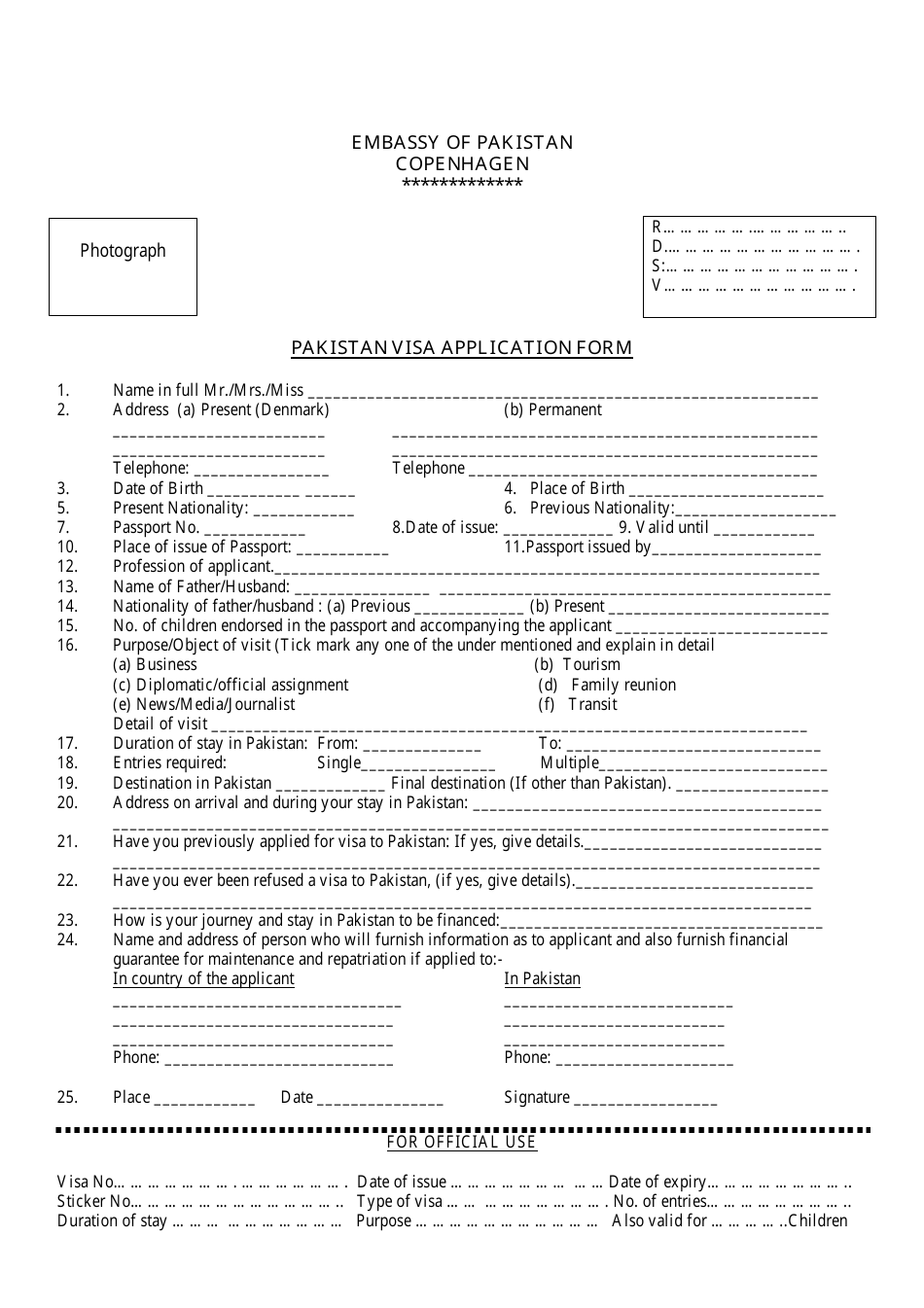 Pakistani Visa Application Form - Embassy of Pakistan - Copenhagen, Denmark, Page 1