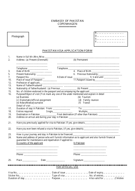 Pakistani Visa Application Form - Embassy of Pakistan - Copenhagen, Denmark Download Pdf