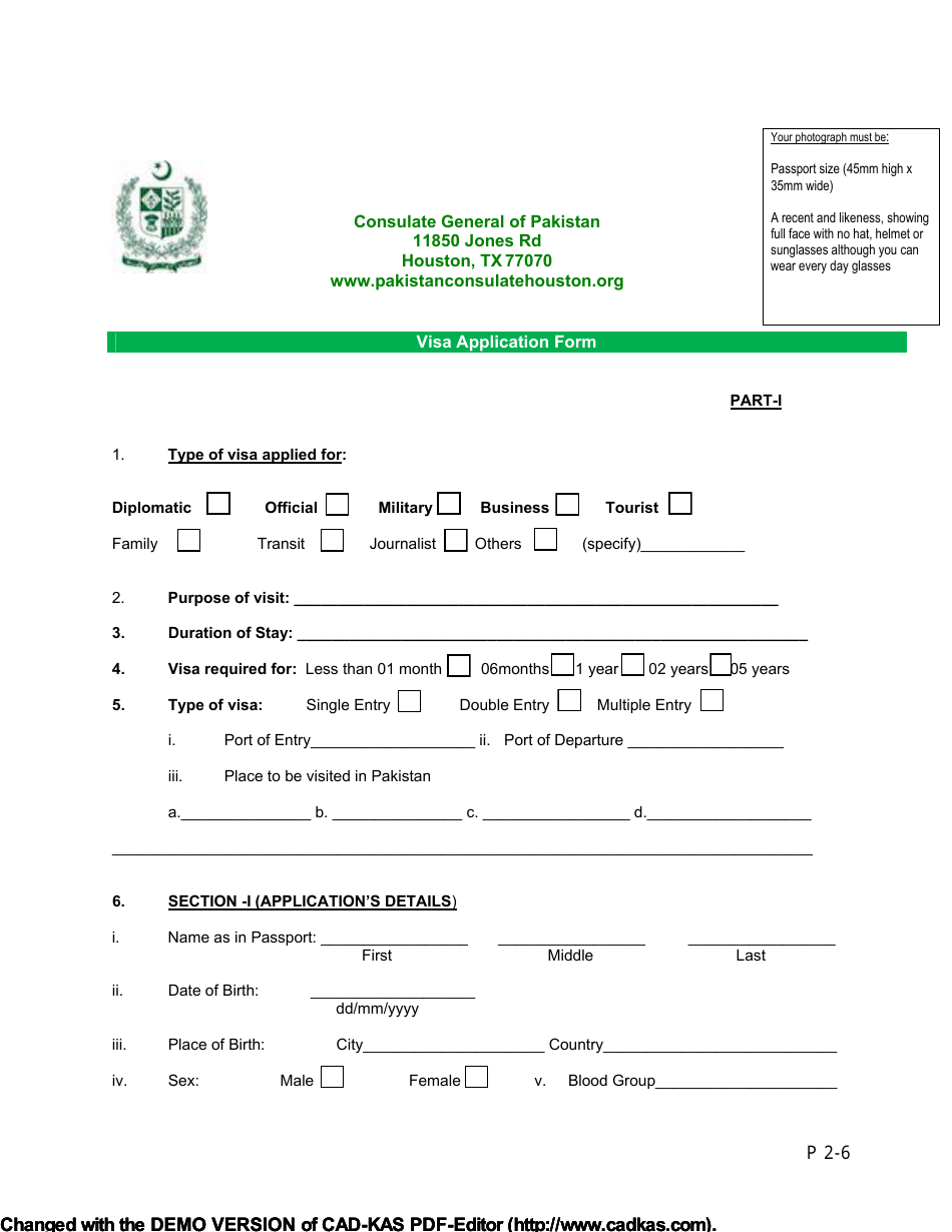 Form P2-6 Pakistan Visa Application Form - Consulate General of Pakistan - City of Houston, Texas, Page 2