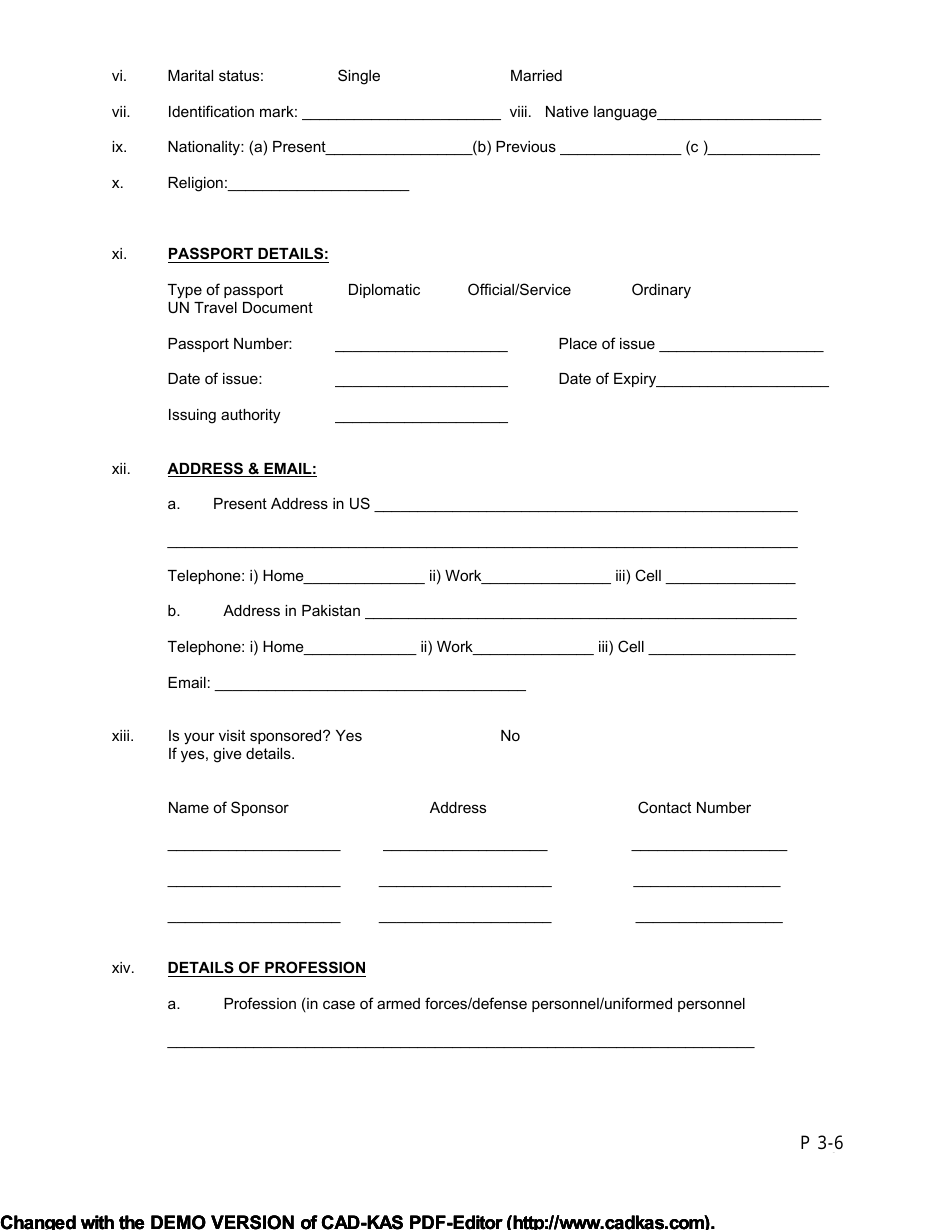 Form P2-6 Pakistan Visa Application Form - Consulate General of Pakistan - City of Houston, Texas, Page 3