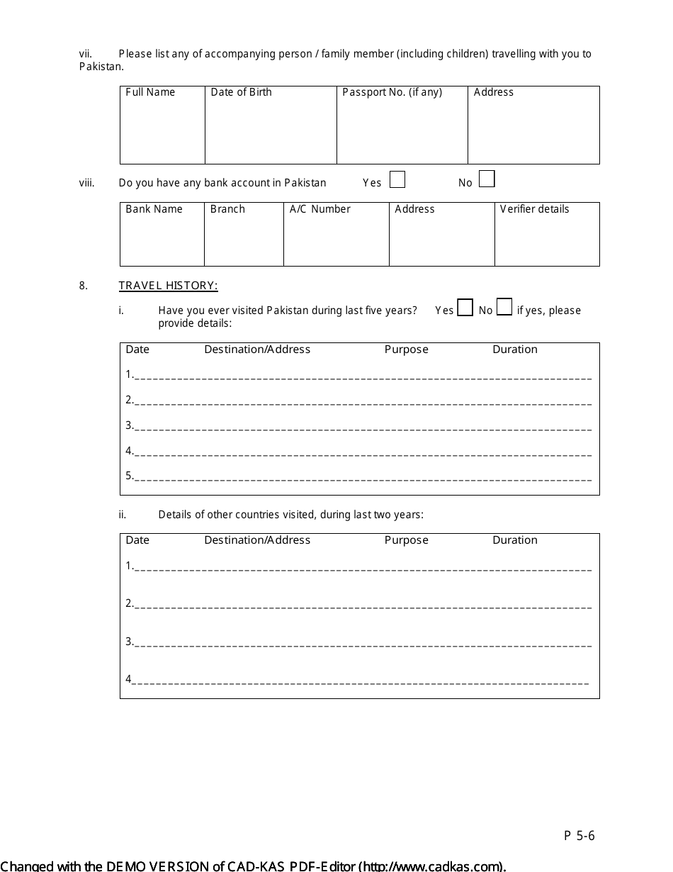 Form P2-6 Pakistan Visa Application Form - Consulate General of Pakistan - City of Houston, Texas, Page 5