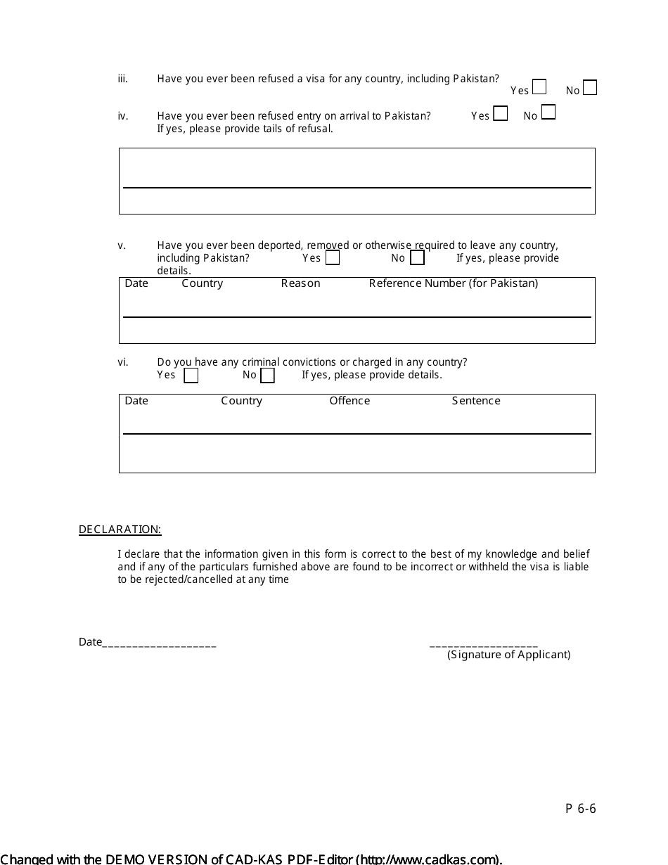 Form P2-6 Pakistan Visa Application Form - Consulate General of Pakistan - City of Houston, Texas, Page 6