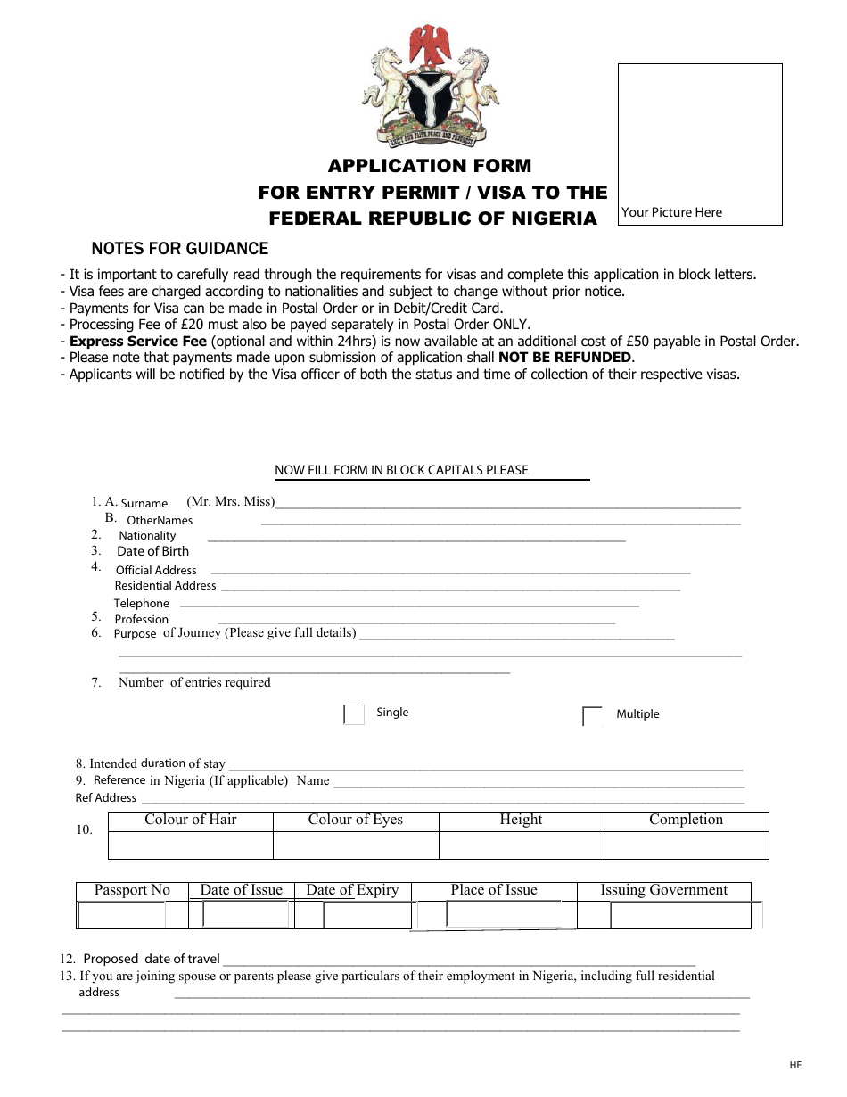 Application Form for Entry Permit / Visa to the Federal Republic of Nigeria - United Kingdom, Page 1