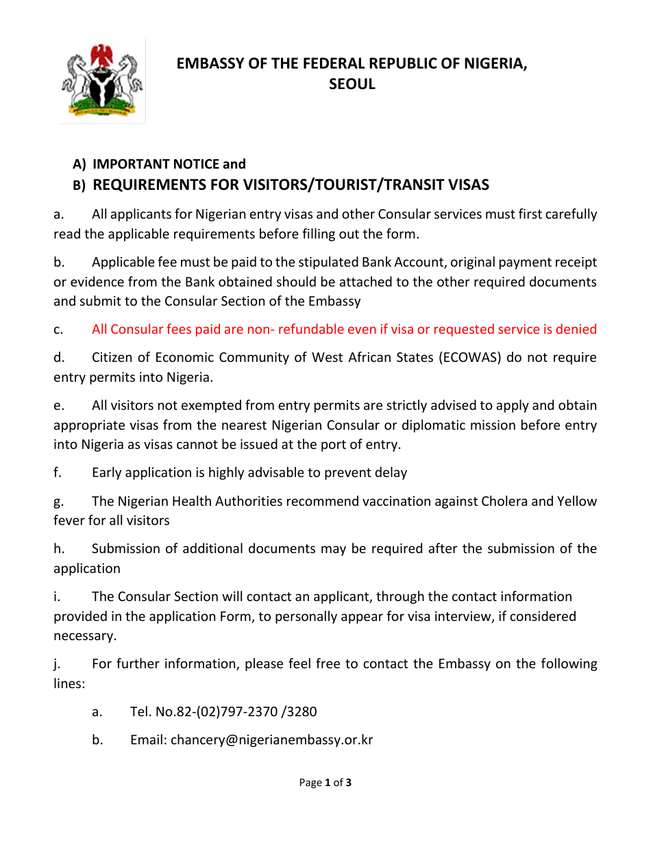 Nigerian Visa Application Form - Embassy of the Federal Republic of Nigeria - Seoul, North Korea, Page 1