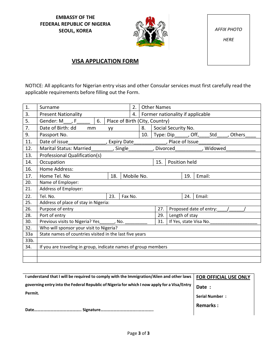 Nigerian Visa Application Form - Embassy of the Federal Republic of Nigeria - Seoul, North Korea, Page 3
