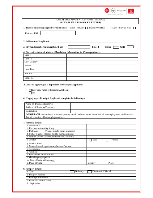 Dubai Visa Application Form - United Arab Emirates Embassy - Federal Capital Territory, Nigeria Download Pdf