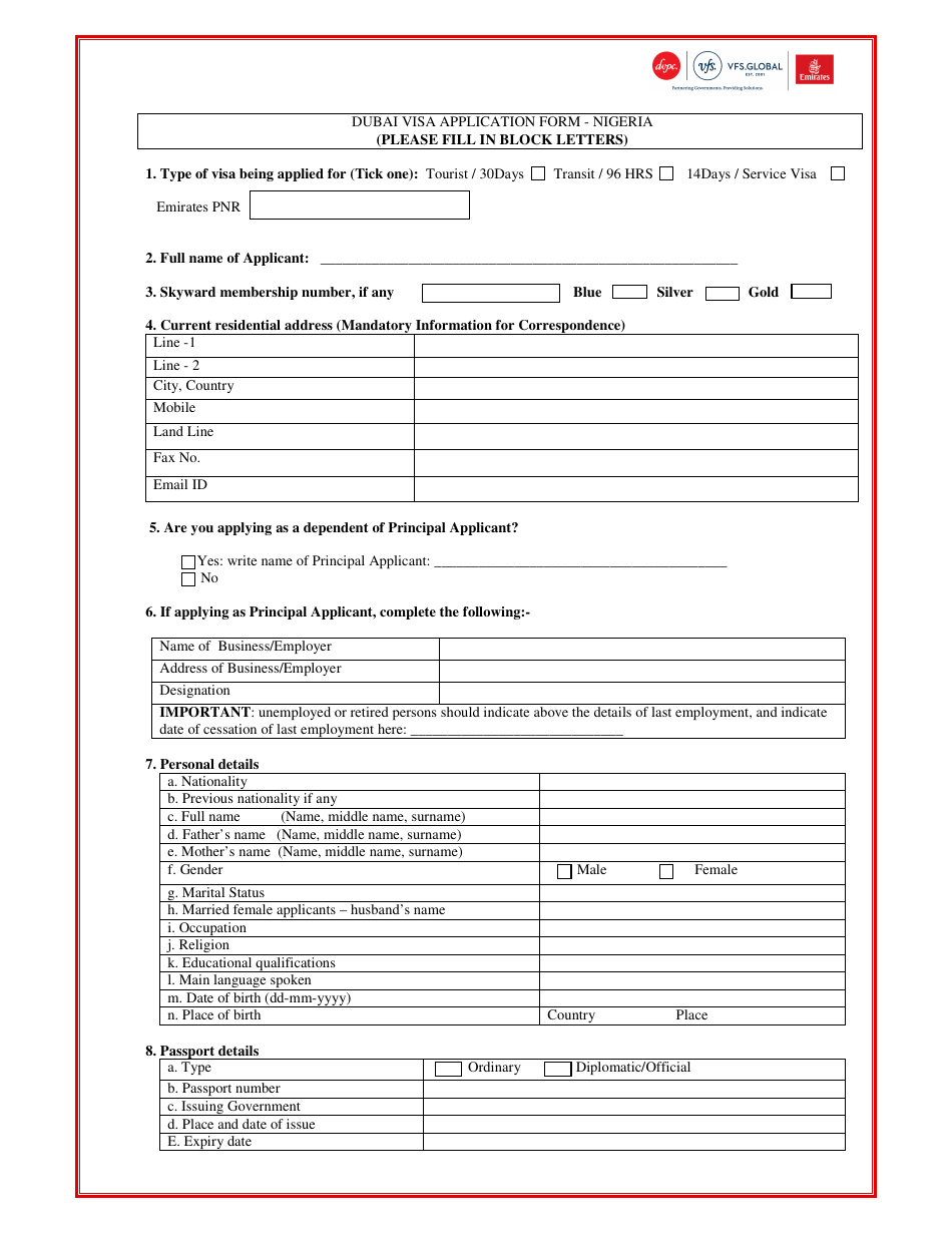Federal Capital Territory Nigeria Dubai Visa Application Form United Arab Emirates Embassy