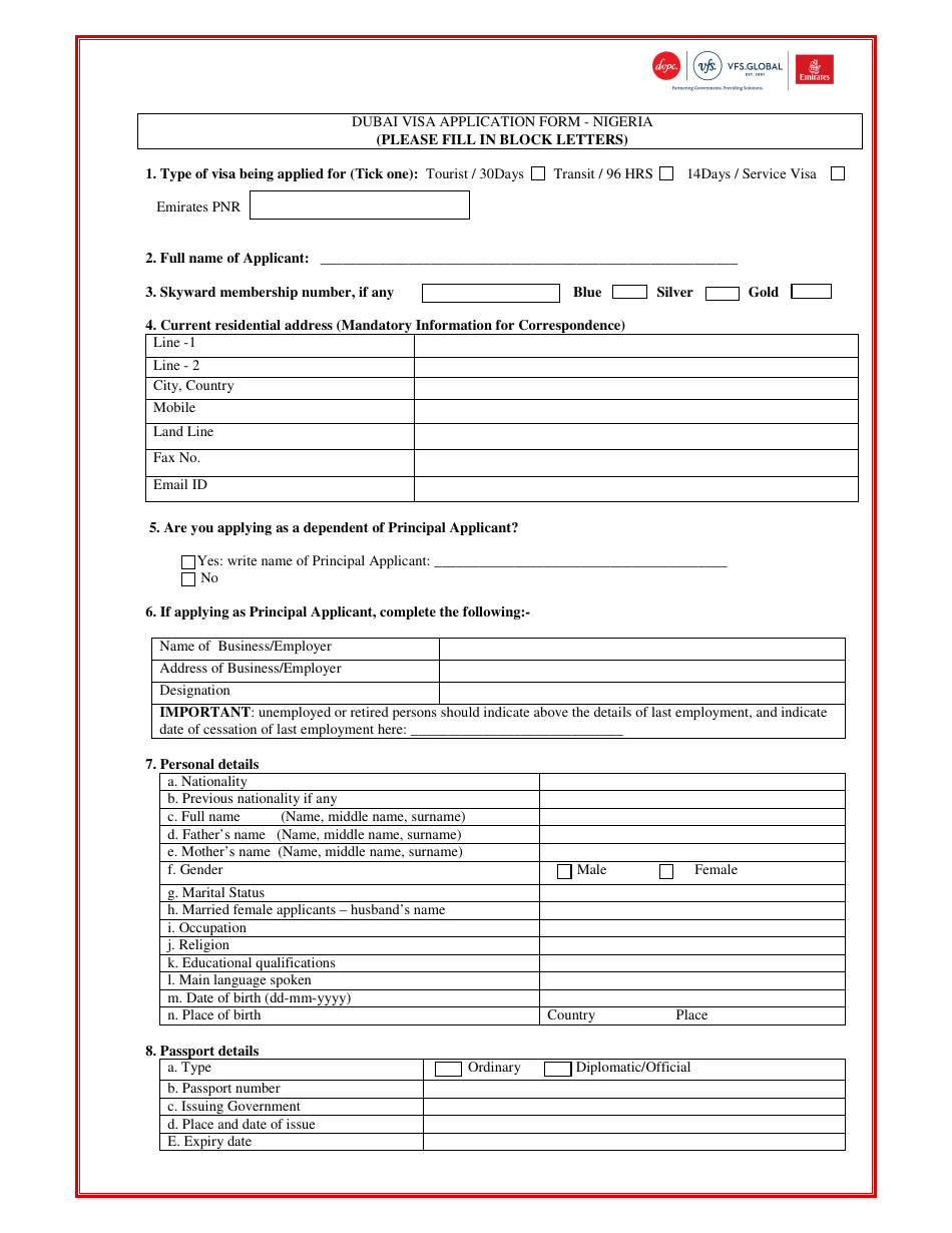 Dubai Visa Application Form - United Arab Emirates Embassy - Federal Capital Territory, Nigeria, Page 1