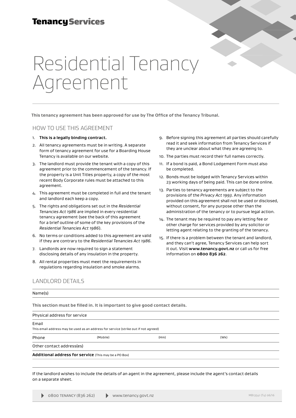 Form 01 Residential Tenancy Agreement - New Zealand, Page 1