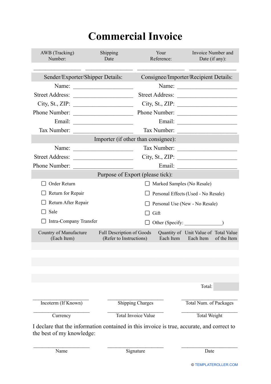 Commercial Invoice Template, Page 1