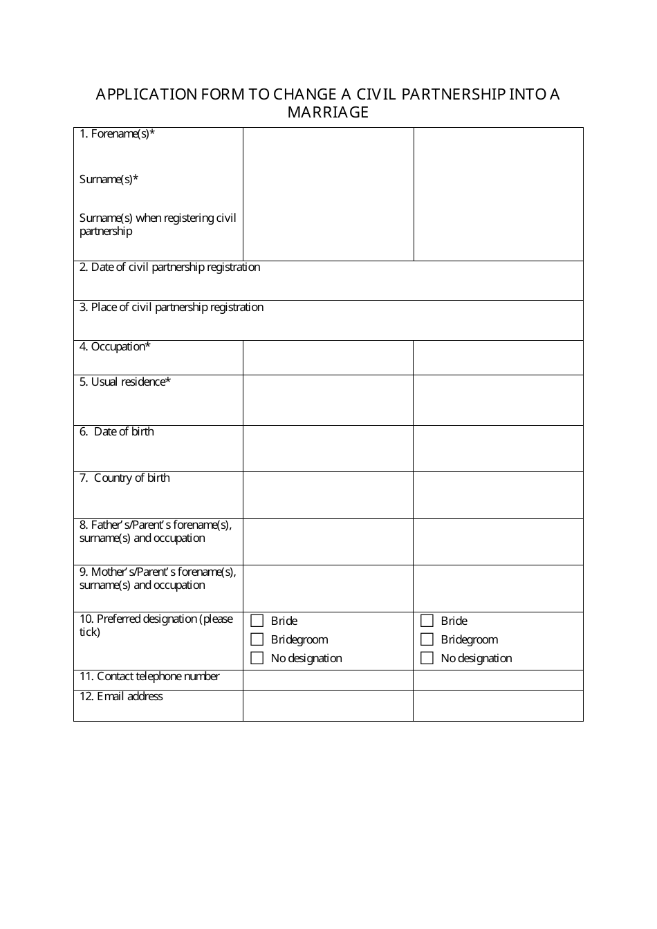 Application Form to Change a Civil Partnership Into a Marriage - United Kingdom, Page 1