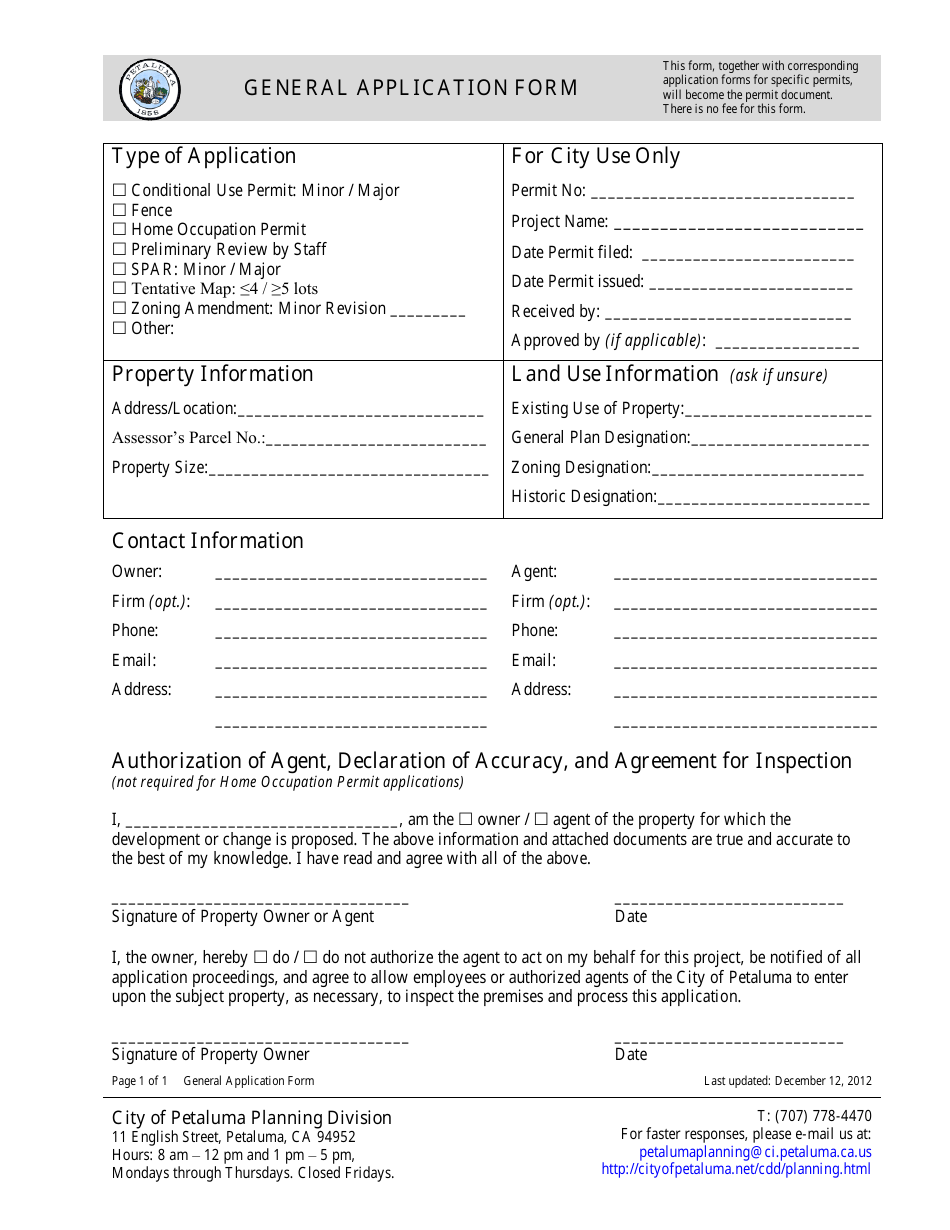 General Application Form - City of Petaluma, California, Page 1
