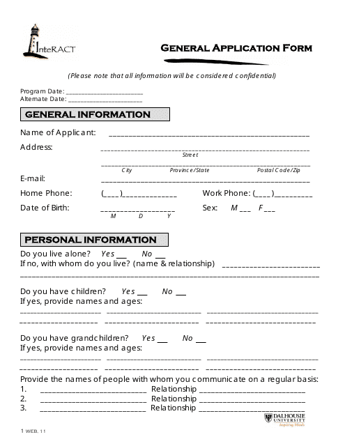 General Application Form - Dahousie University - Canada Download Pdf