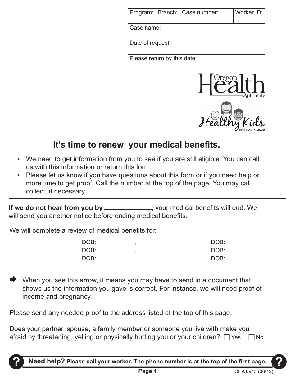 Medical Benefits Renewal Form - Oregon, Page 1