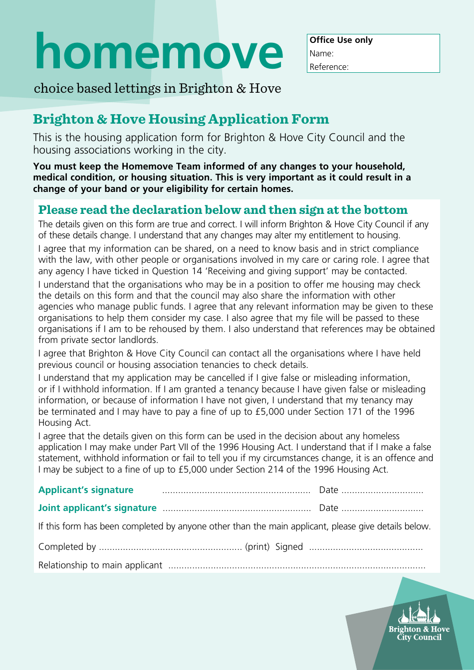Housing Application Form - City of Brighton and Hove, West Sussex, United Kingdom, Page 1