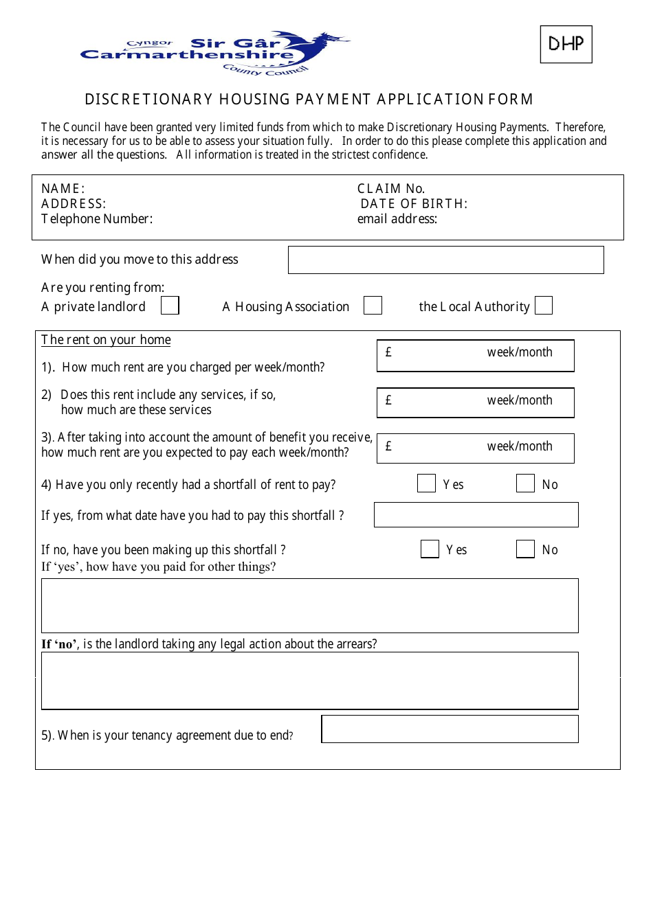 Discretionary Housing Payment Application Form - Carmarthenshire, United Kingdom, Page 1