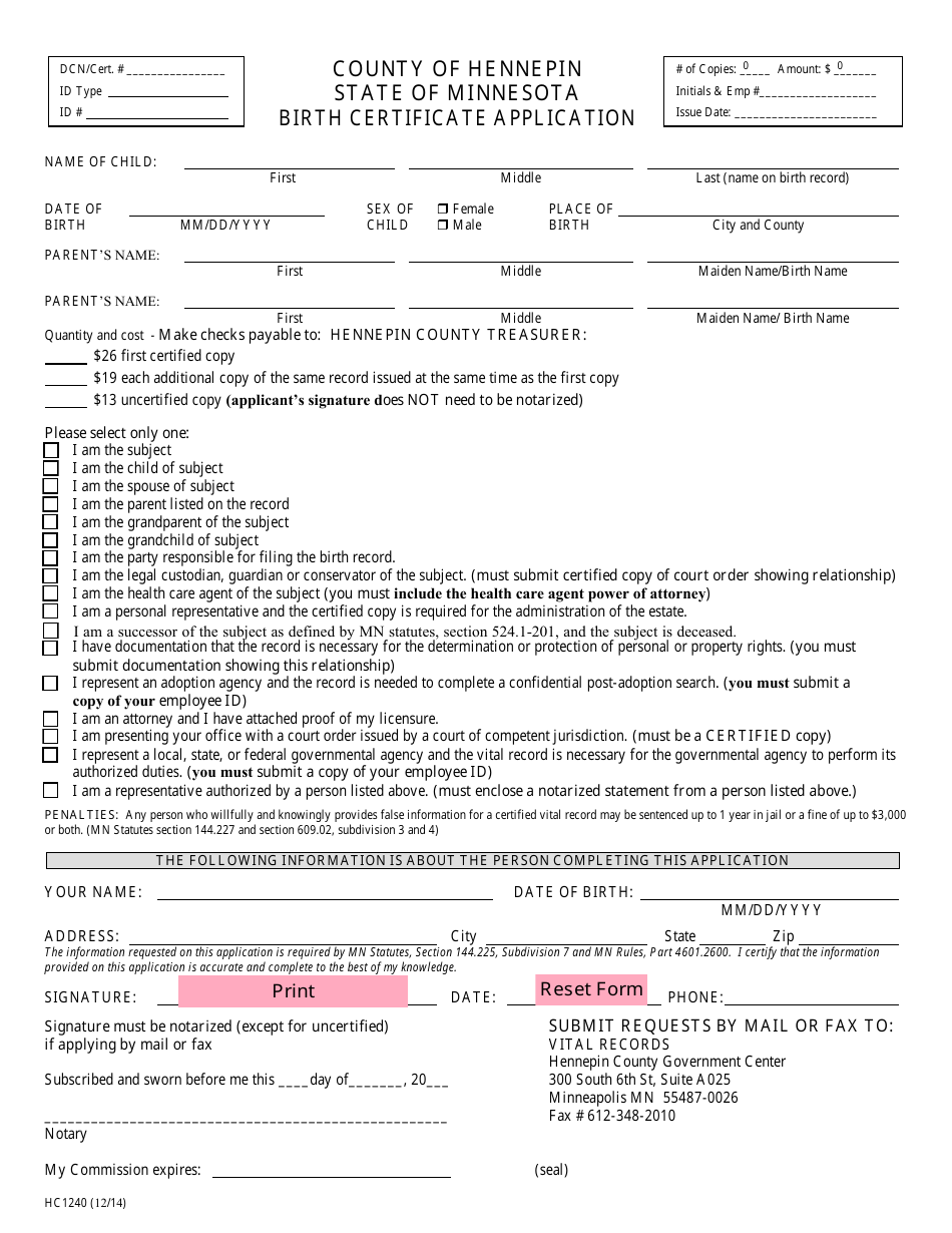 Form HC1240 Birth Certificate Application - County of Hennepin, Minnesota, Page 1