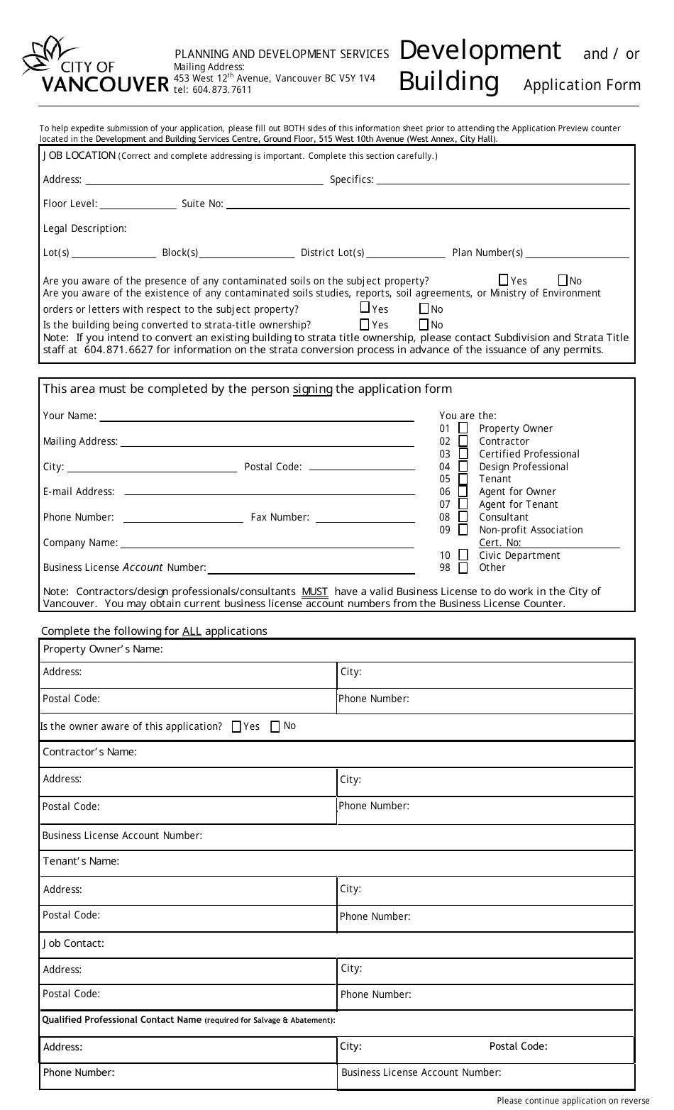 Form 081493 Development and / or Building Application Form - City of Vancouver, British Columbia, Canada, Page 1