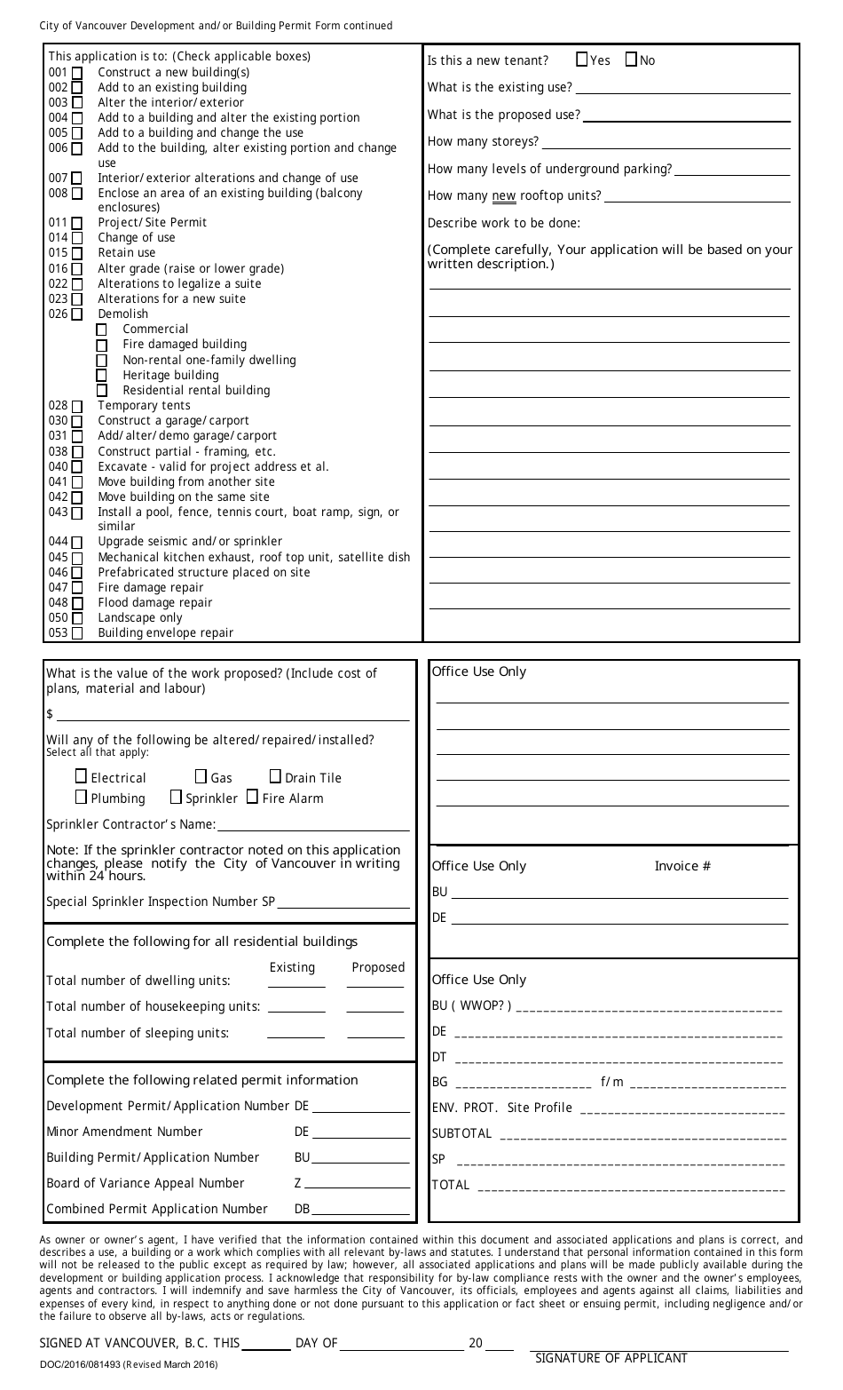 Form 081493 Development and / or Building Application Form - City of Vancouver, British Columbia, Canada, Page 2