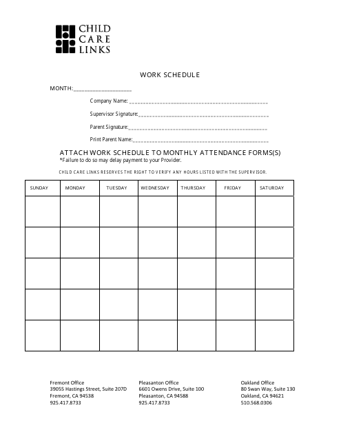 &quot;Monthly Participant Work Schedule Template - Child Care Links&quot; Download Pdf