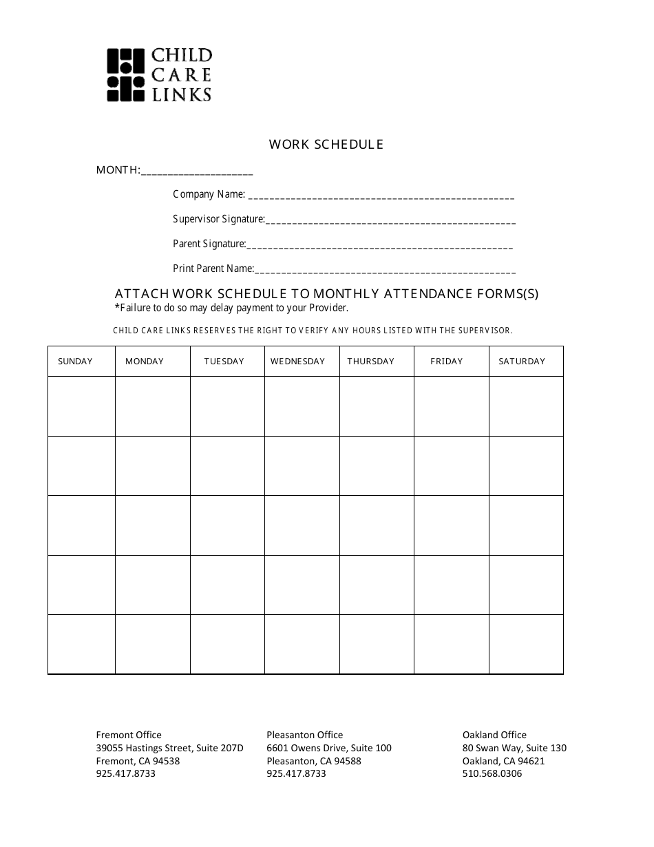 monthly participant work schedule template child care links download printable pdf templateroller