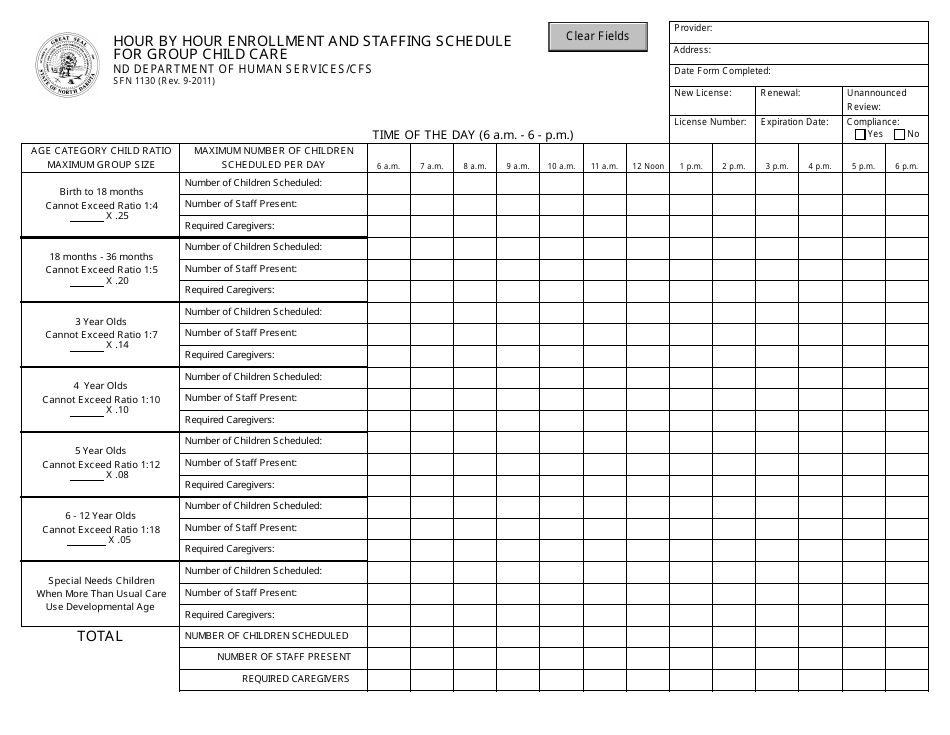 Form SFN1130 Enrollment and Staffing Schedule - North Dakota, Page 1