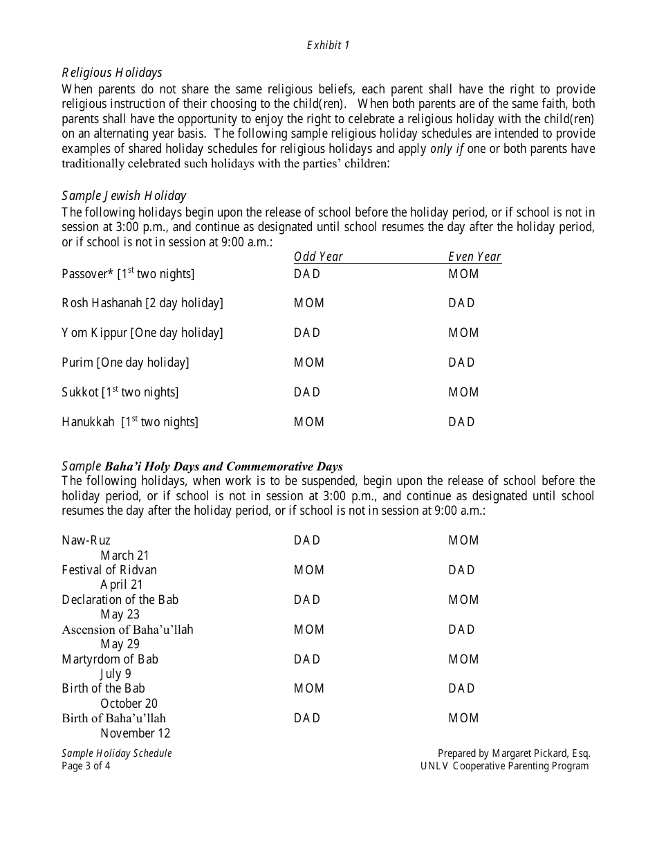 Sample Holiday and Vacation Schedule Unlv Cooperative Parenting