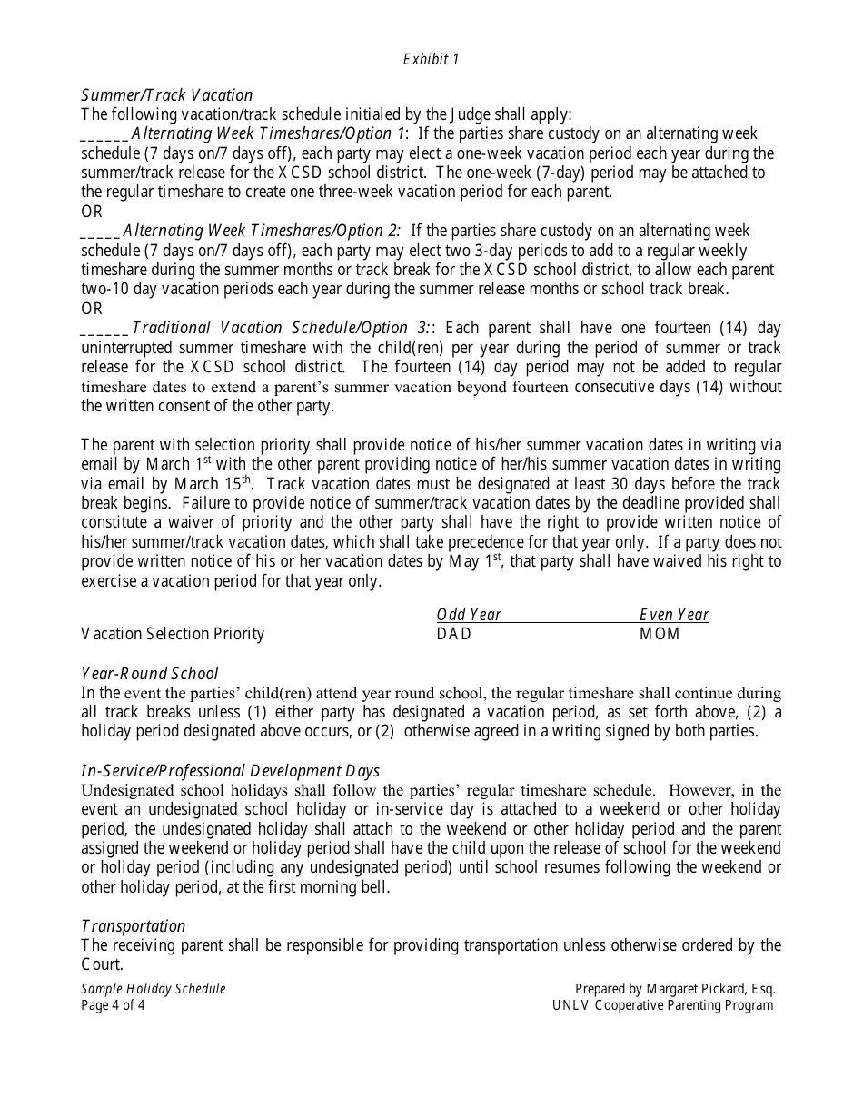 Sample Holiday and Vacation Schedule Unlv Cooperative Parenting