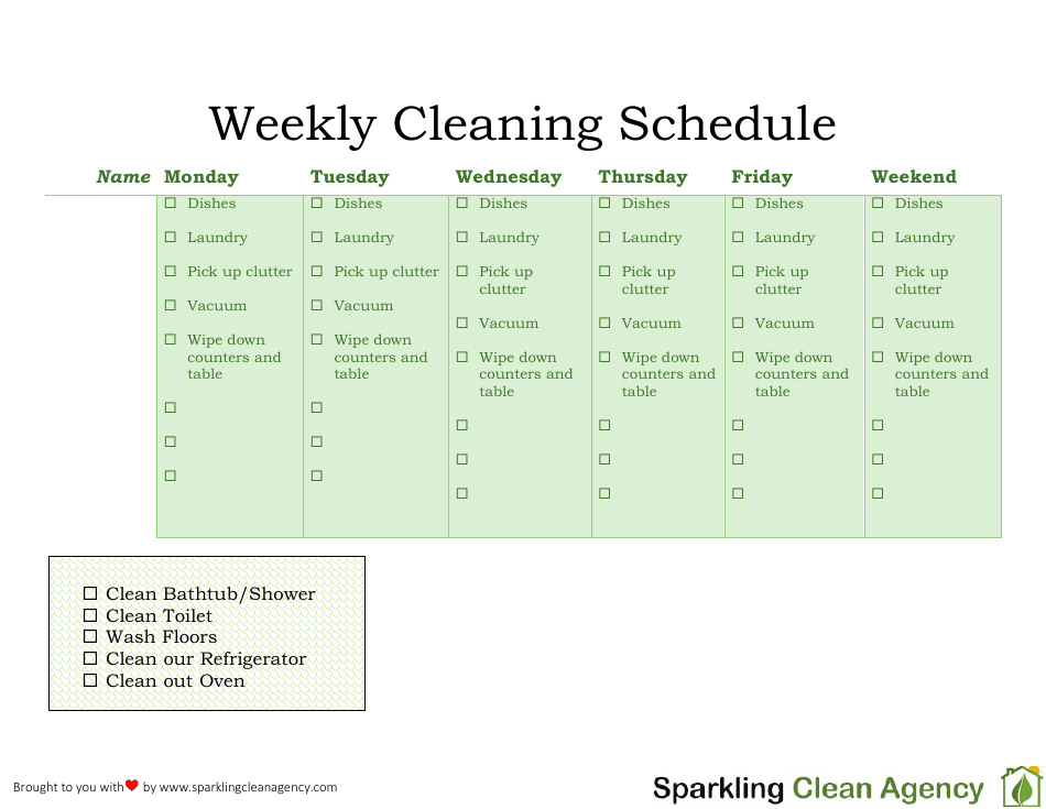 Weekly Cleaning Schedule Template - Sparkling Clean Agency, Page 1