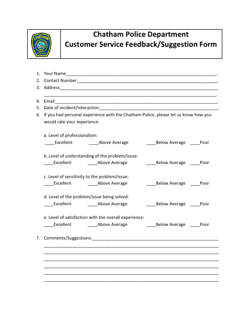 &quot;Customer Service Feedback/Suggestion Form&quot; - Town of Chatham, Massachusetts Download Pdf
