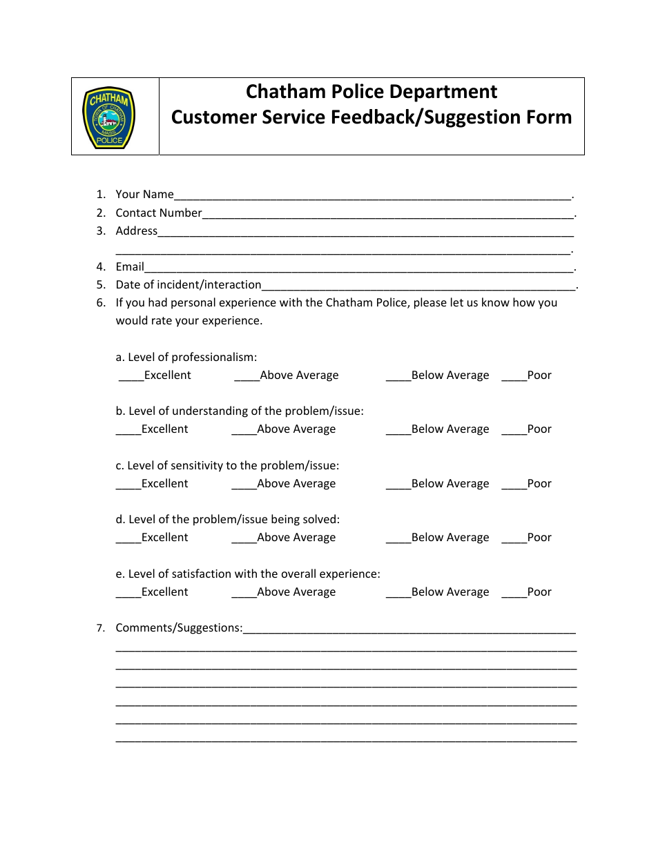 Customer Service Feedback / Suggestion Form - Town of Chatham, Massachusetts, Page 1